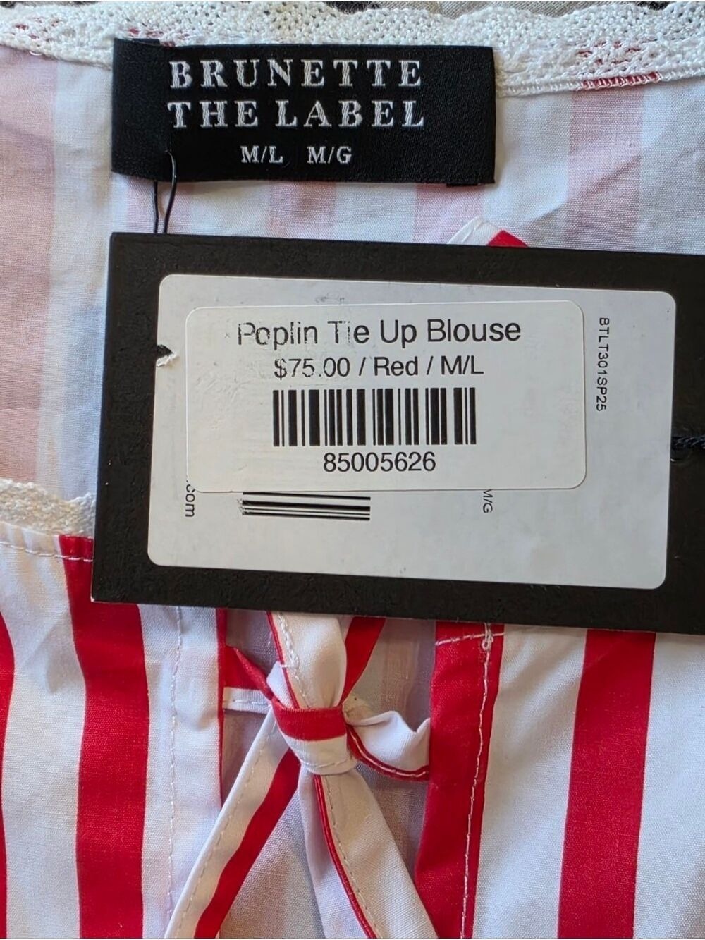 Brunette The Label Red Stripe Tie Front Poplin Top M/L NWT Cottagecore - Picture 7 of 10